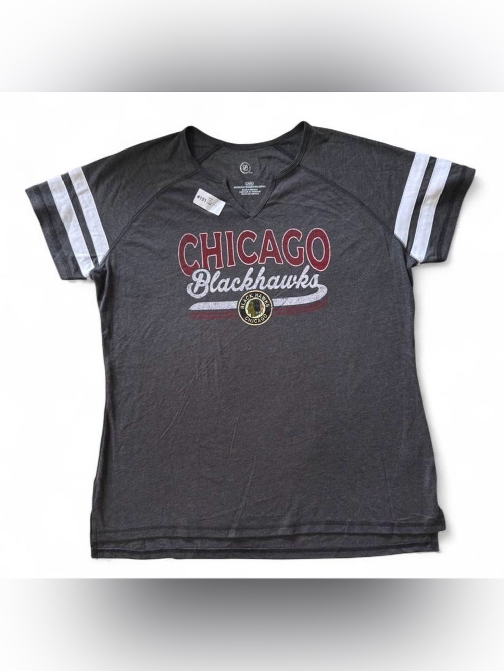 NHL Chicago Blackhawks Charcoal Tee with White Stripe Sleeves